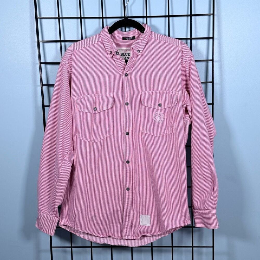 Vintage Calvin Klein Sport Denim Striped LS Shirt Mens‎ S Red Made in USA 80s